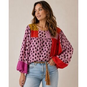 Blank London Blouse Patchwork Polka Dot Geometric Viscose Boho Pink Red Large